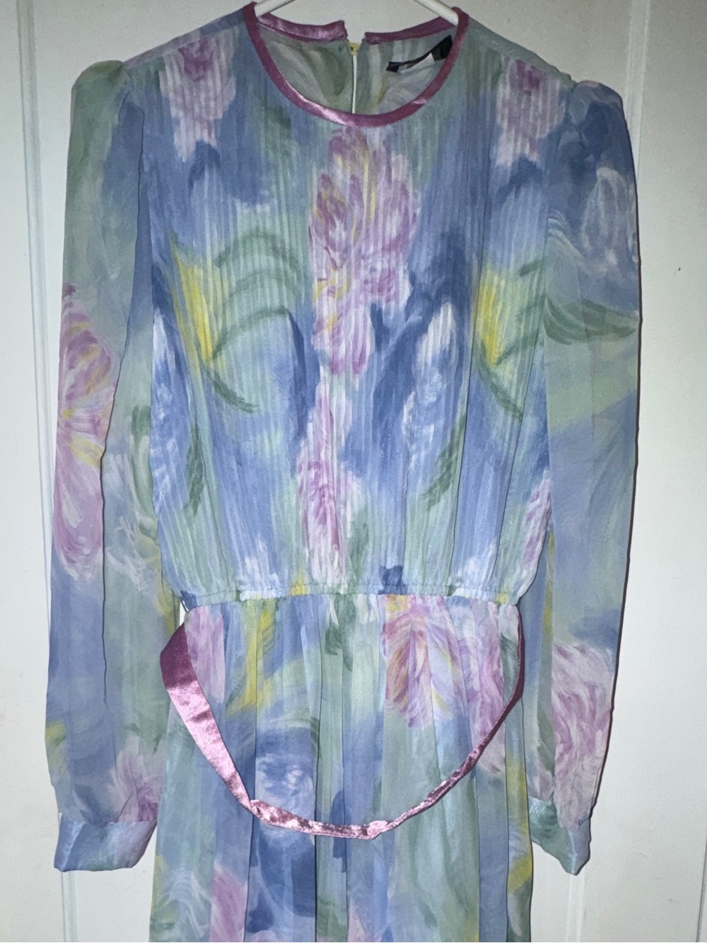 Lisa Michaels Pastel Floral Long Sleeve Chiffon Dress with Lavender Belt